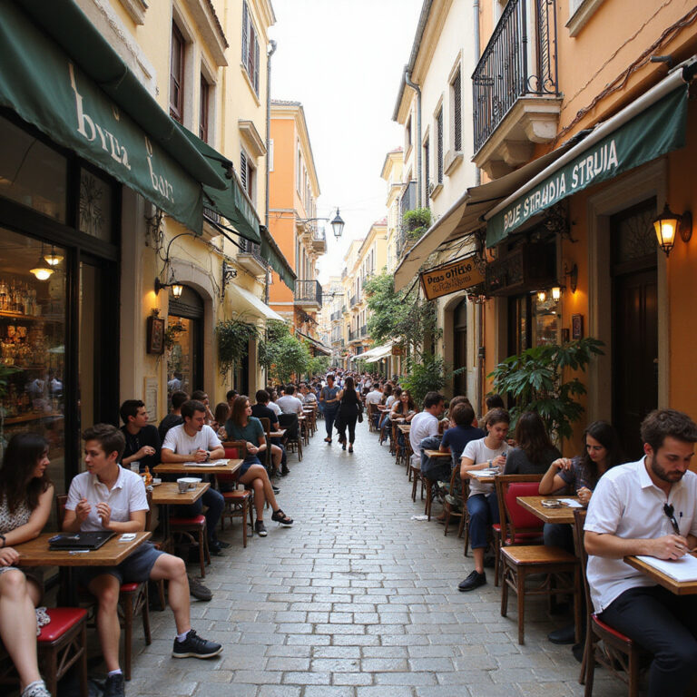 Ulica w Patras z kawiarniami i studentami – życie akademickie w Grecji