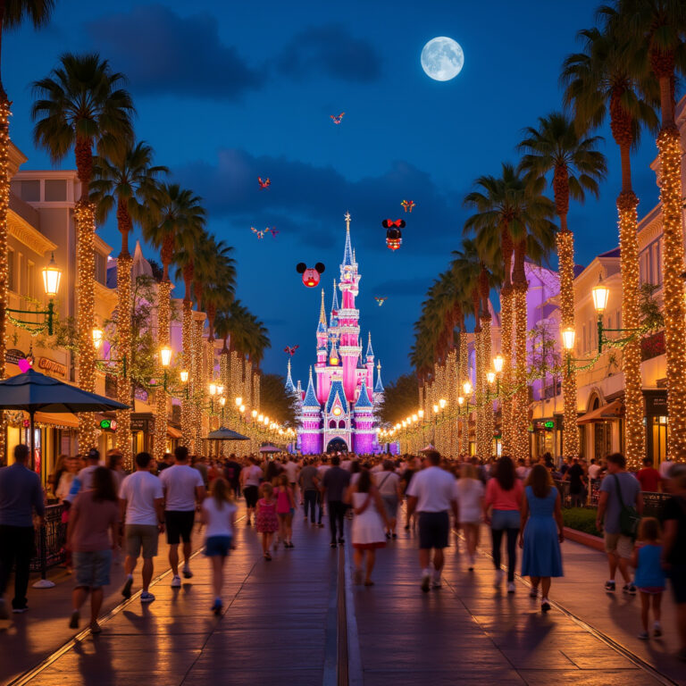 Ulica w Anaheim prowadząca do Disneylandu z widocznymi atrakcjami