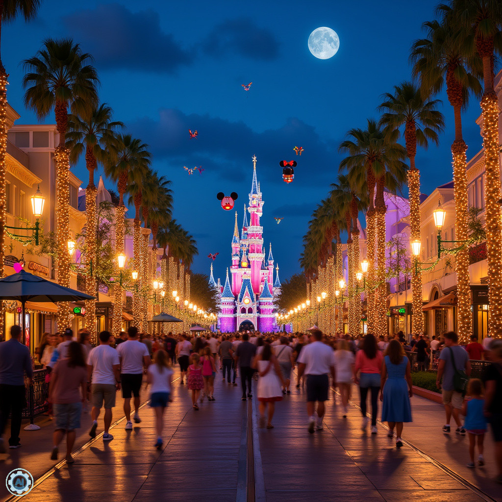 Ulica w Anaheim prowadząca do Disneylandu z widocznymi atrakcjami