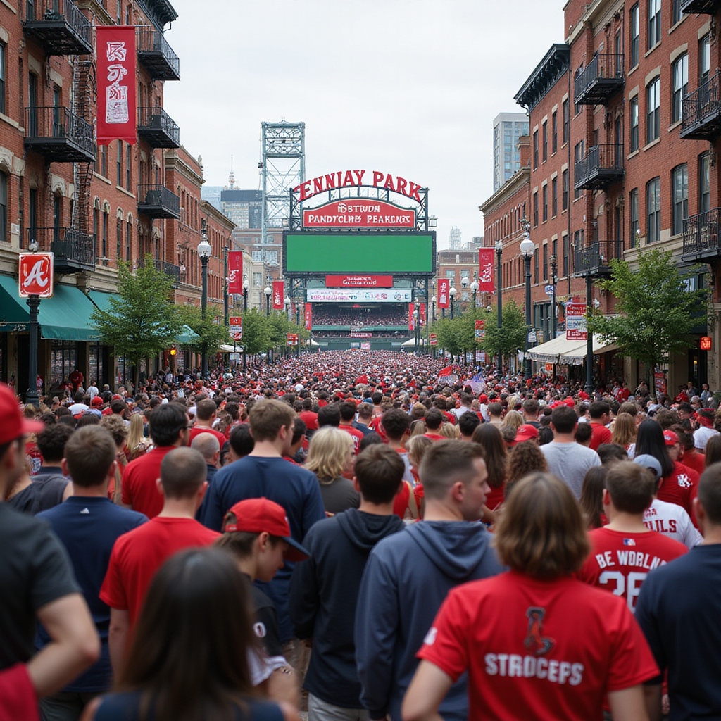 Ulica w Bostonie w okolicach Fenway Park z tłumem kibiców przed meczem
