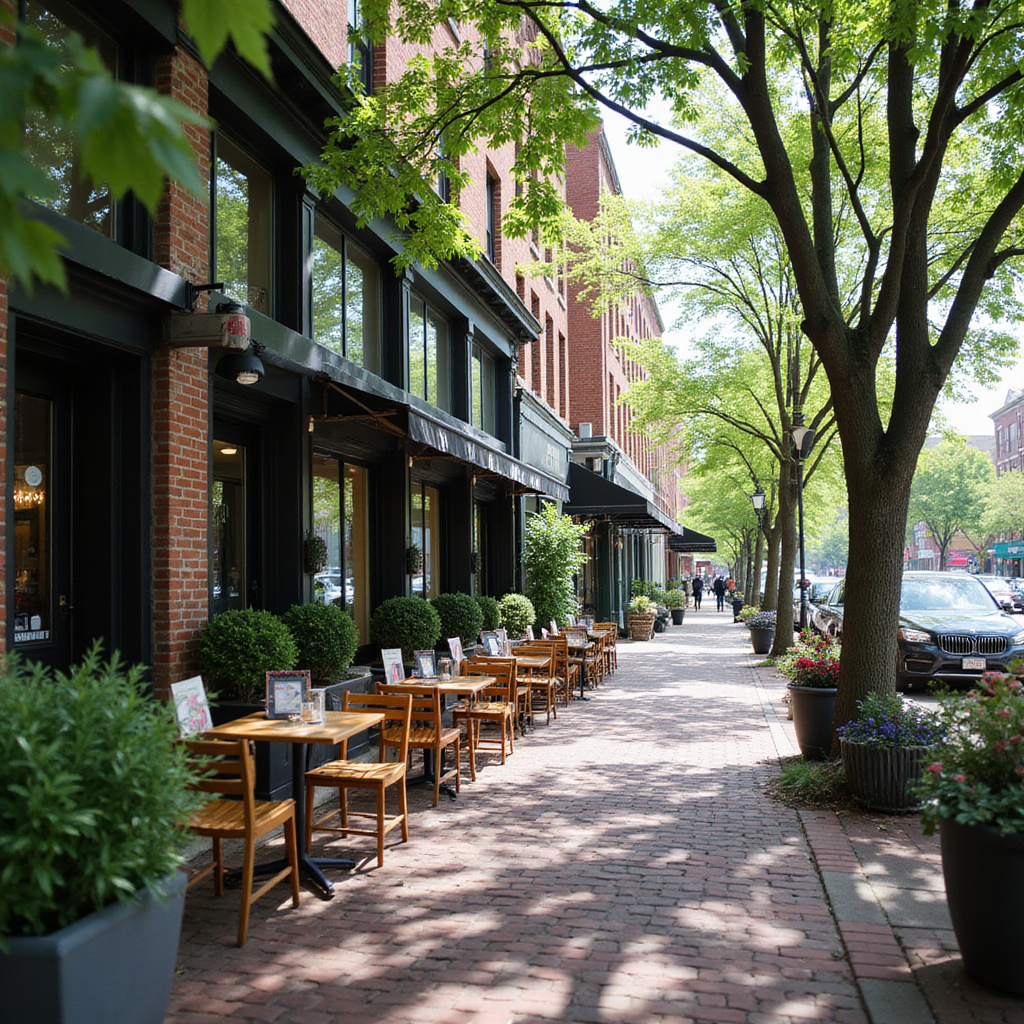Ulica w Bostonie w okolicach portu z kawiarniami i zielenią