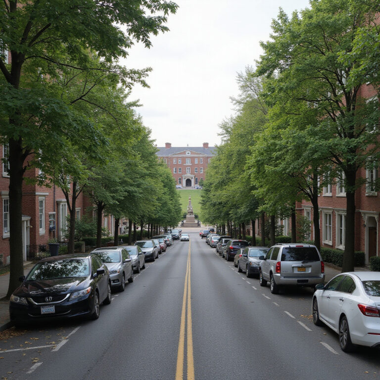 Ulica w Cambridge z widokiem na kampus Harvardu, otoczona zielenią i zabytkowymi budynkami