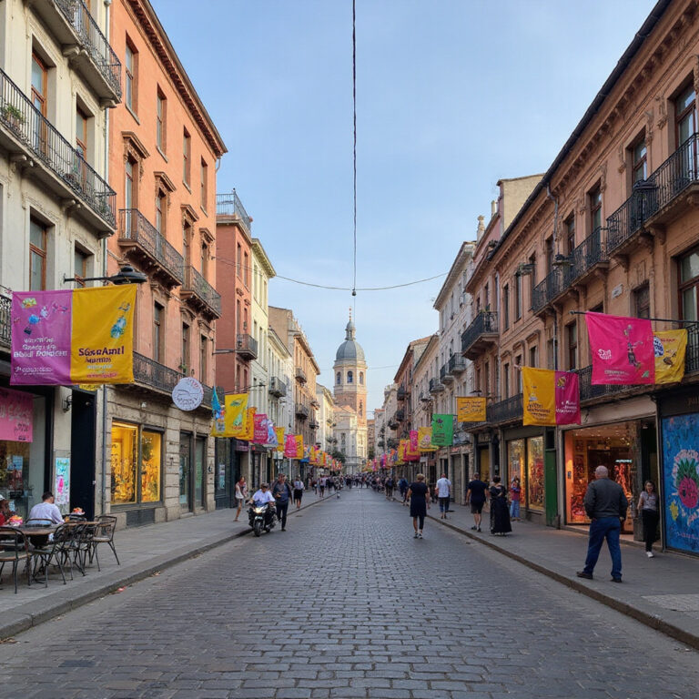 Ulica w Cēsis z festiwalowymi instalacjami artystycznymi, sztuka współczesna i historyczne budynki