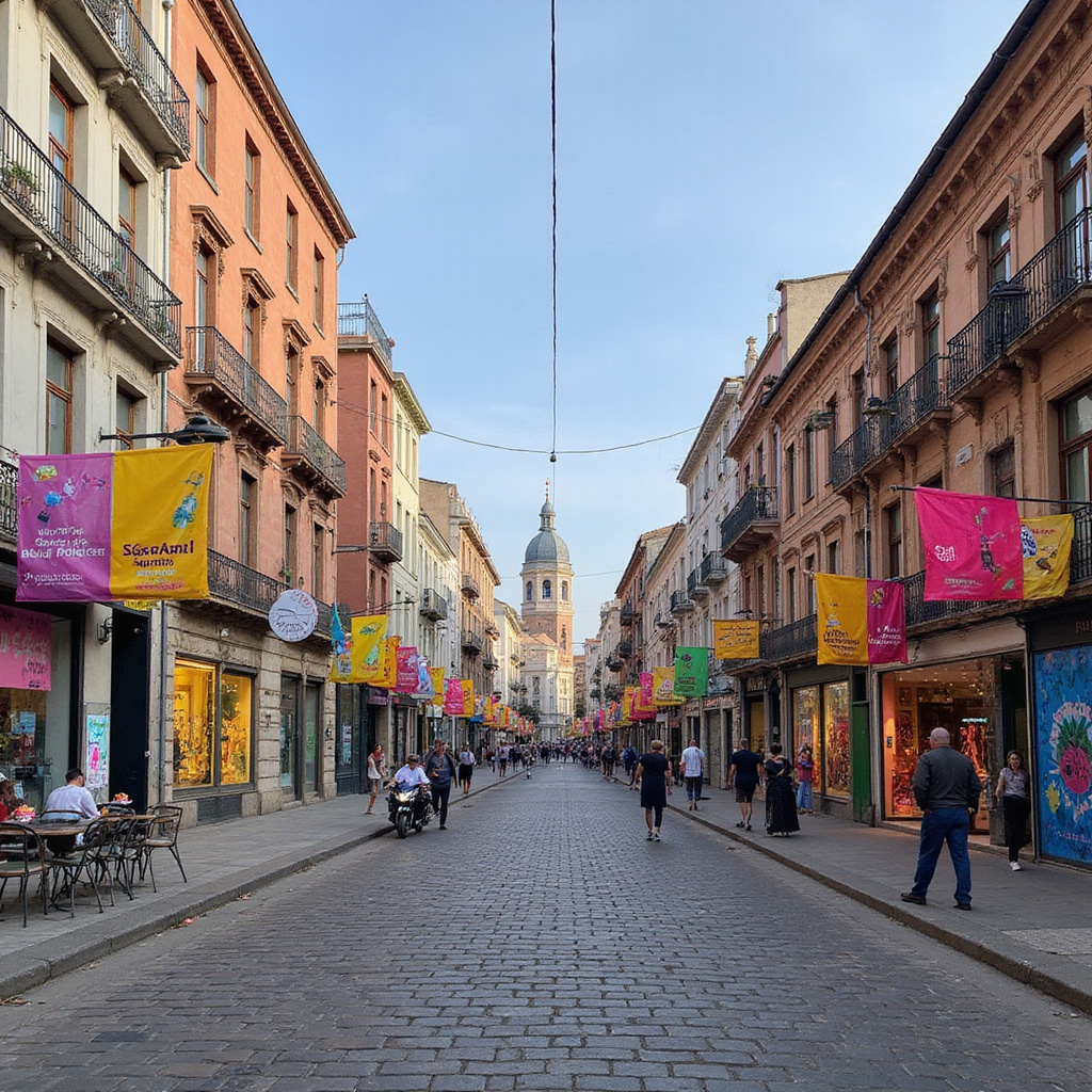 Ulica w Cēsis z festiwalowymi instalacjami artystycznymi, sztuka współczesna i historyczne budynki