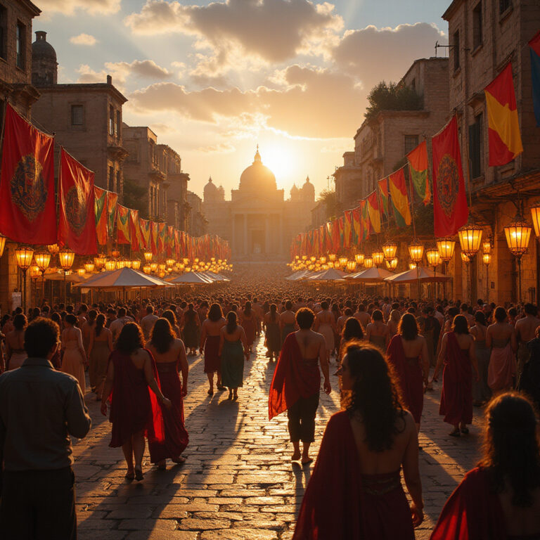 Ulica w Kartaginie podczas festiwalu z widokiem na starożytne ruiny