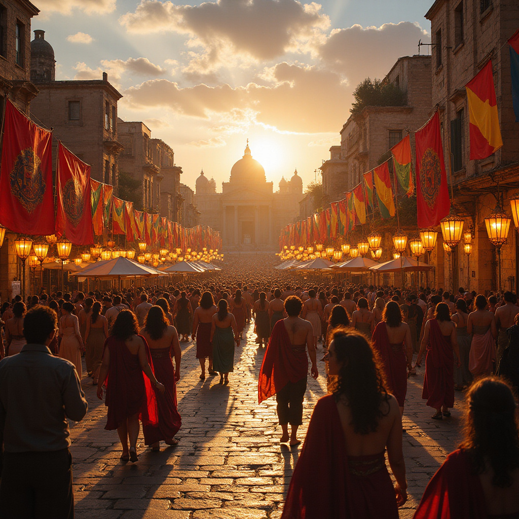 Ulica w Kartaginie podczas festiwalu z widokiem na starożytne ruiny