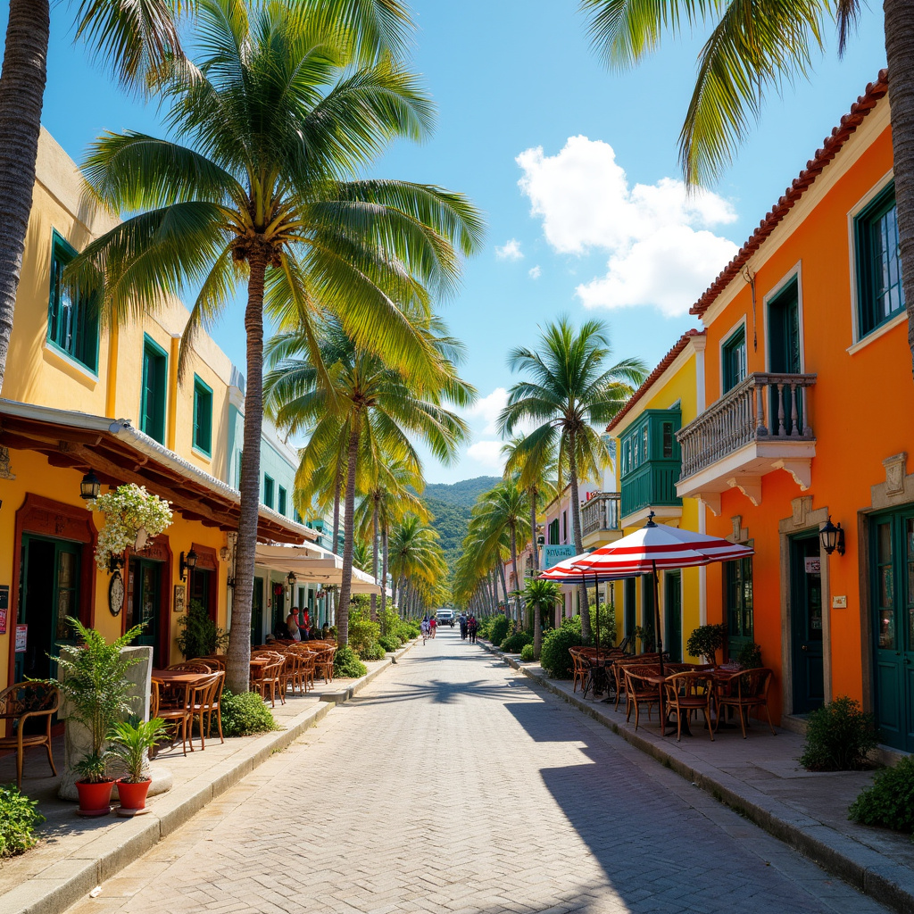 Ulica w Las Terrenas z kolorowymi knajpkami i palmami