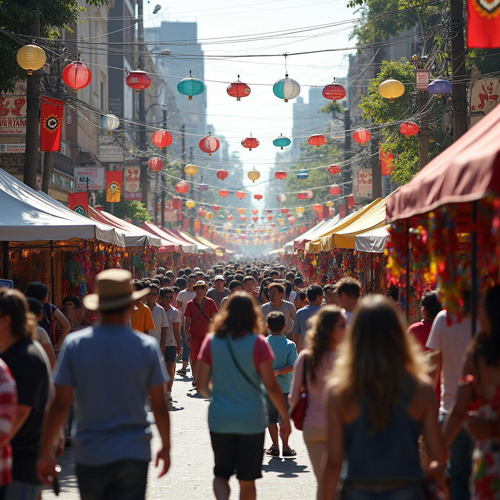 Ulica w Łodzi podczas Festiwalu Czterech Kultur z kolorowymi straganami i tłumem ludzi