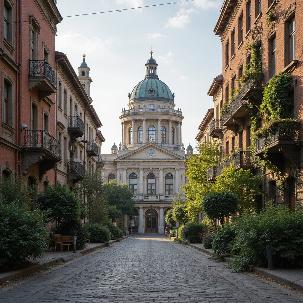 Ulica w Łodzi z widokiem na pałac Poznańskiego i zabytkowe kamienice