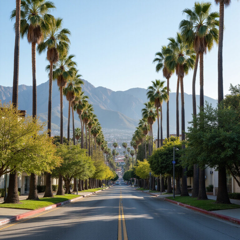 Ulica w Los Angeles z palmami i górami w tle, idealna na spacery wiosną