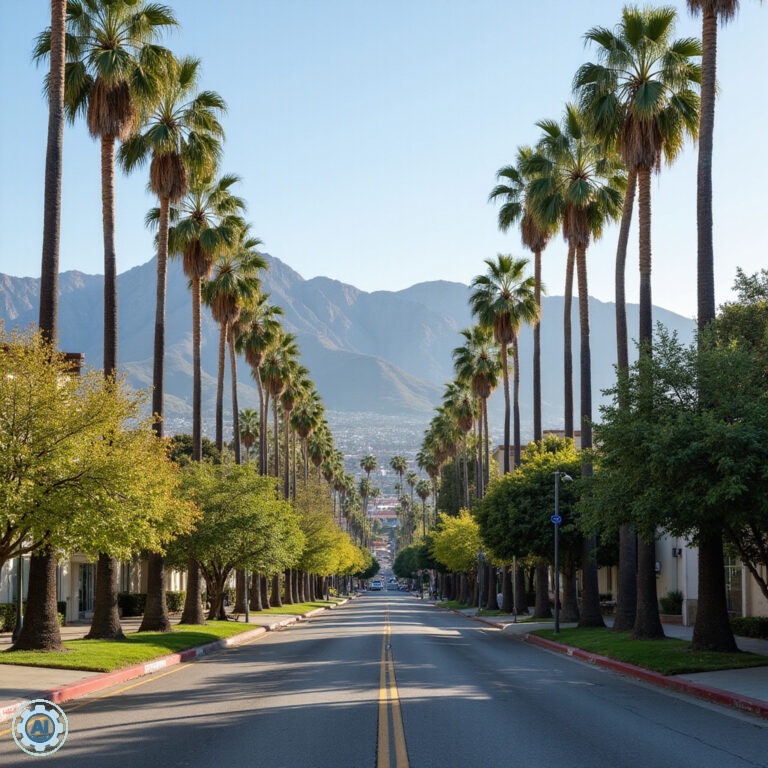 Ulica w Los Angeles z palmami i górami w tle, idealna na spacery wiosną
