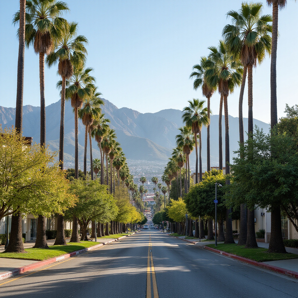 Ulica w Los Angeles z palmami i górami w tle, idealna na spacery wiosną