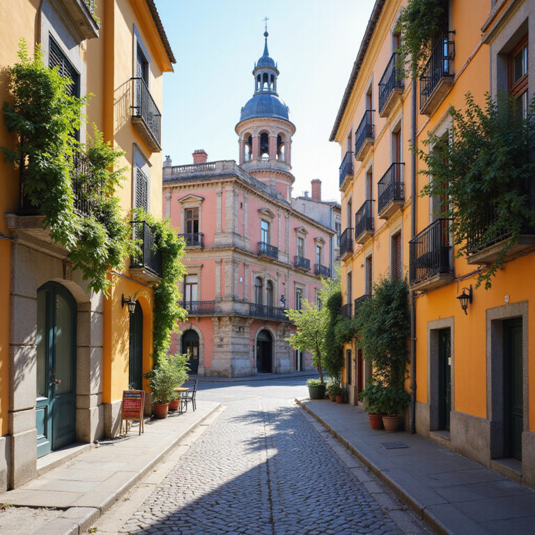 Ulica w Madrycie z widokiem na zabytkowy budynek, idealna na samodzielne zwiedzanie