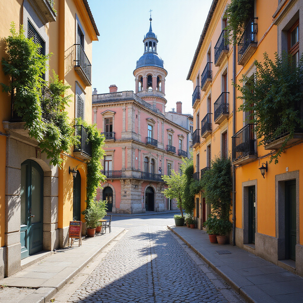 Ulica w Madrycie z widokiem na zabytkowy budynek, idealna na samodzielne zwiedzanie