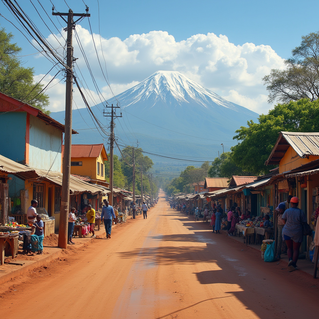 Ulica w Nanyuki z widokiem na Mount Kenya, lokalne stragany i kolorowe budynki