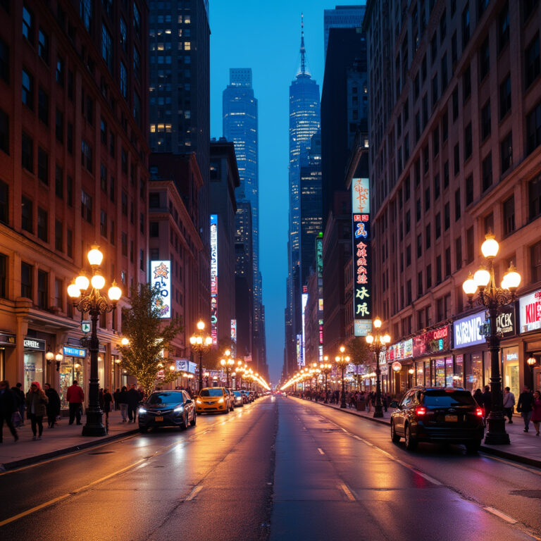 Ulica w Nowym Jorku z widokiem na wieżowce nocą, idealne miejsce na nocne spacery