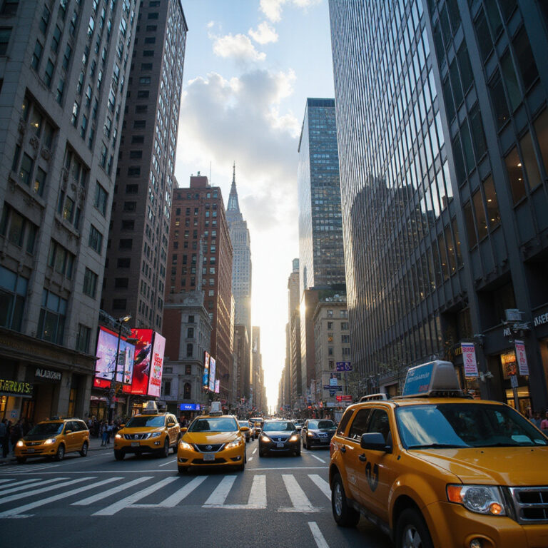 Widok na ulicę w Nowym Jorku z charakterystycznymi taksówkami i drapaczami chmur