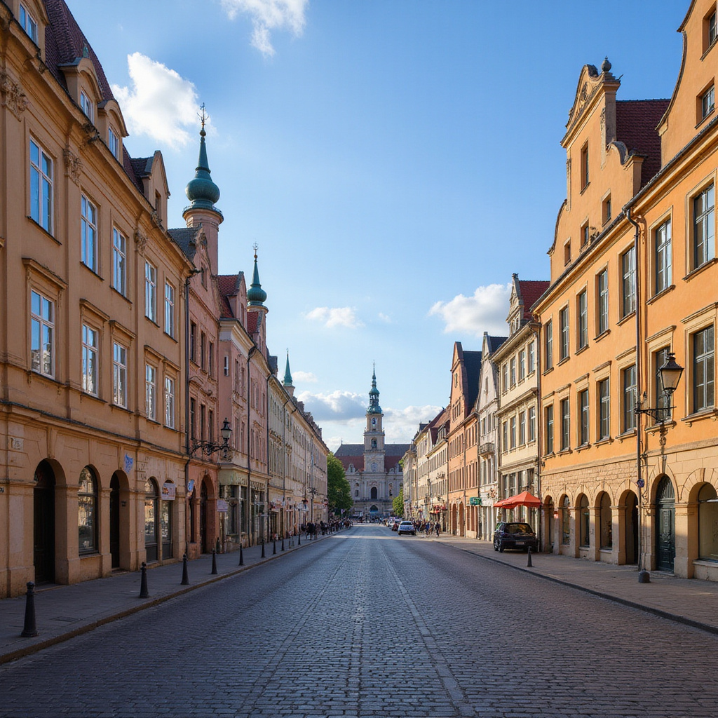 Ulica w Ołomuńcu prowadząca do Ratusza z widocznymi zabytkowymi kamienicami