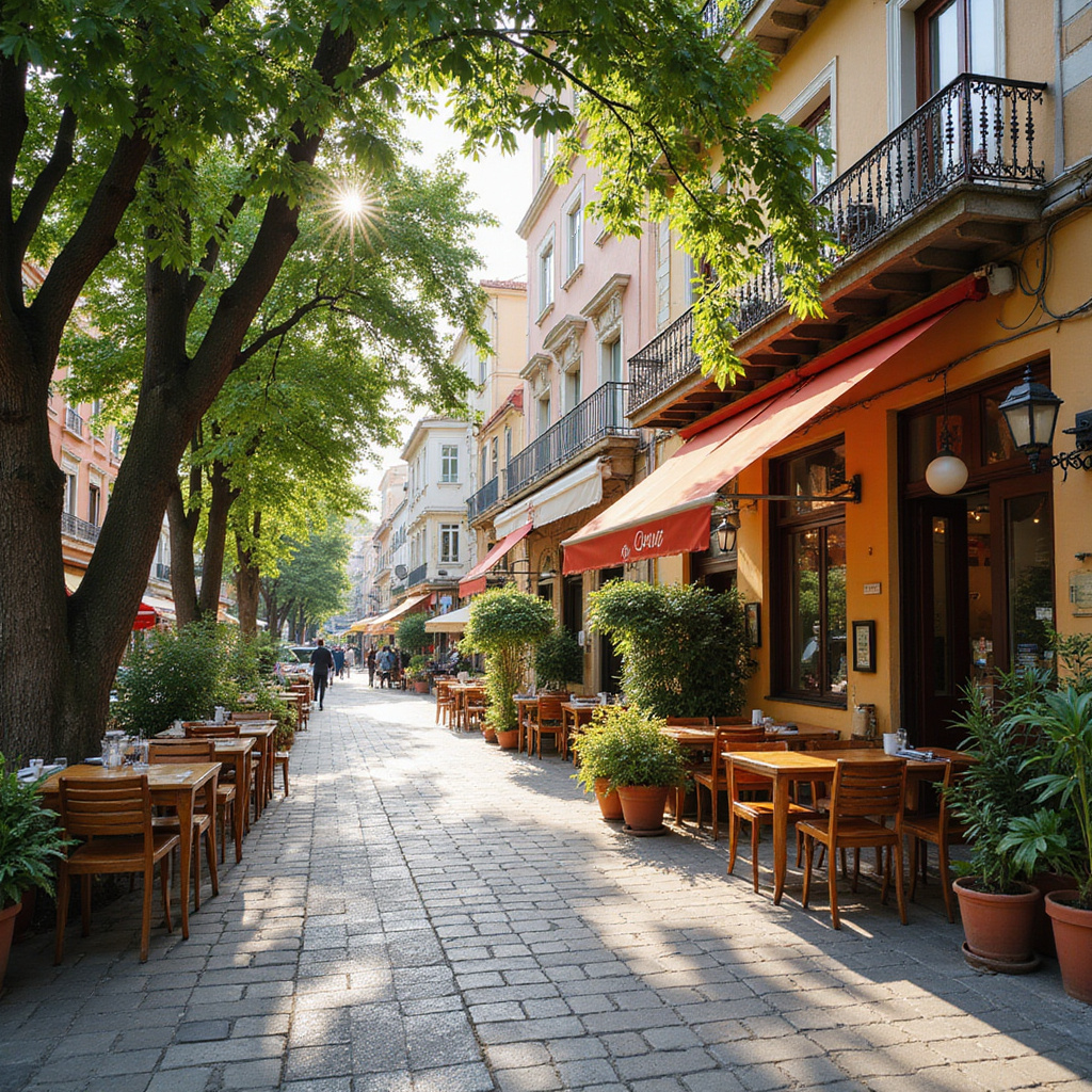 Ulica w Pireusie z kawiarnią serwującą śniadania