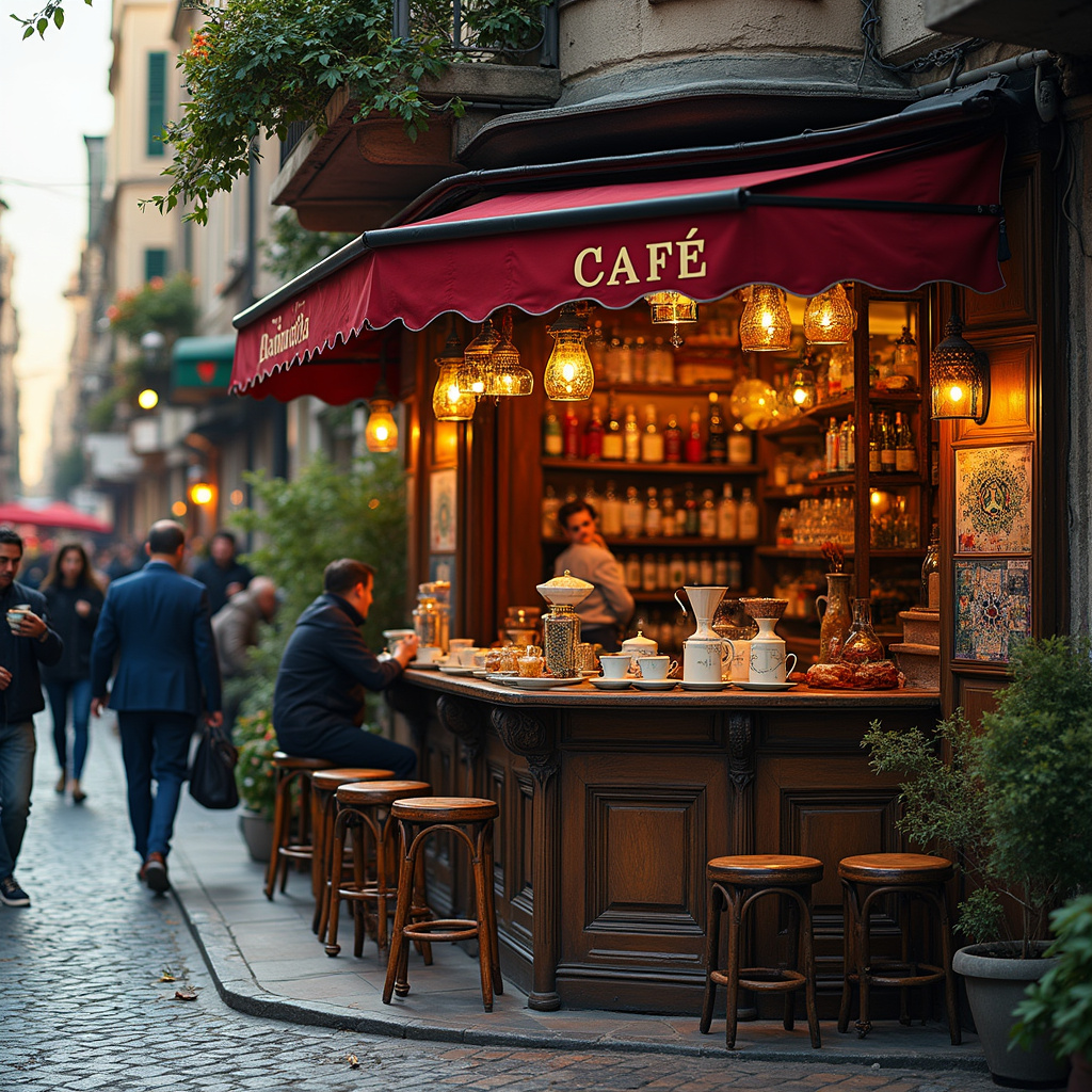 Ulica w Stambule z kawiarnią serwującą turecką herbatę i kawę
