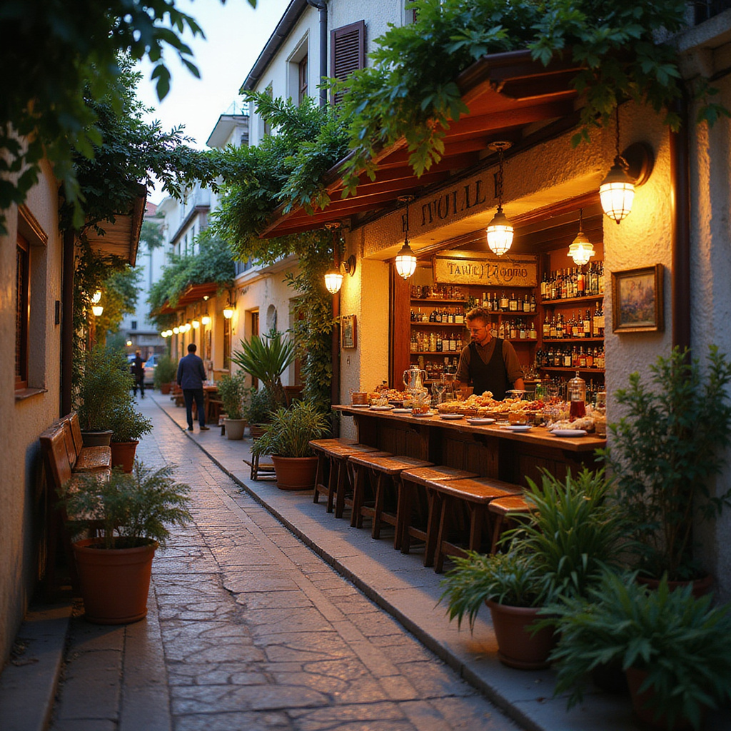 Ulica w Volos z tawerną serwującą tsipouro i lokalne przysmaki