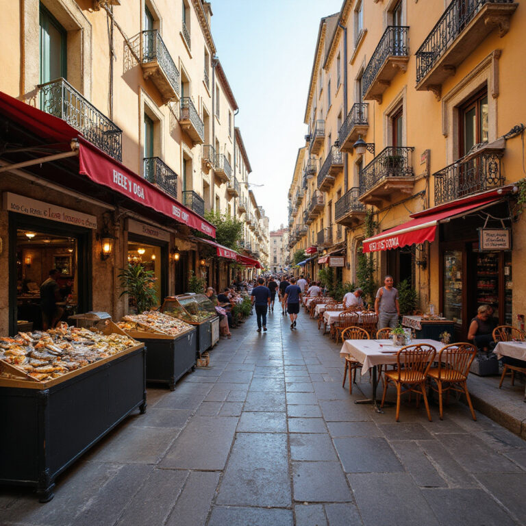 Ulica w Marsylii z restauracjami i świeżymi owocami morza