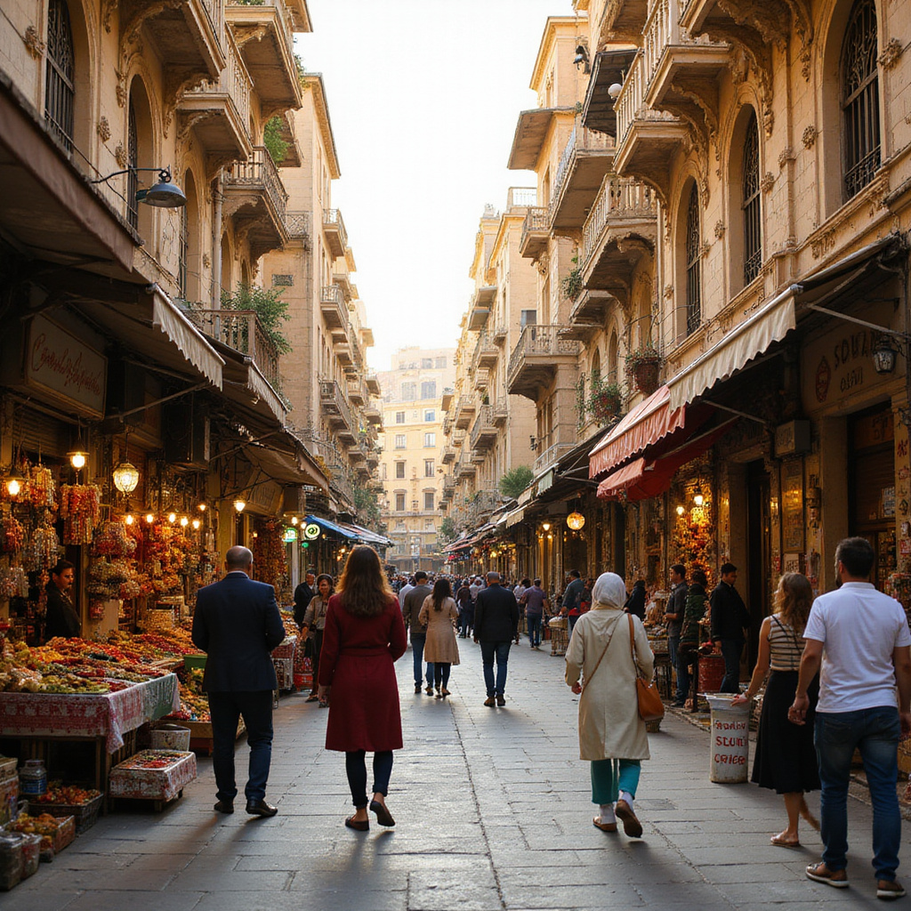 Ulica w Aleksandrii z widokiem na historyczne budynki i tętniące życiem targowisko