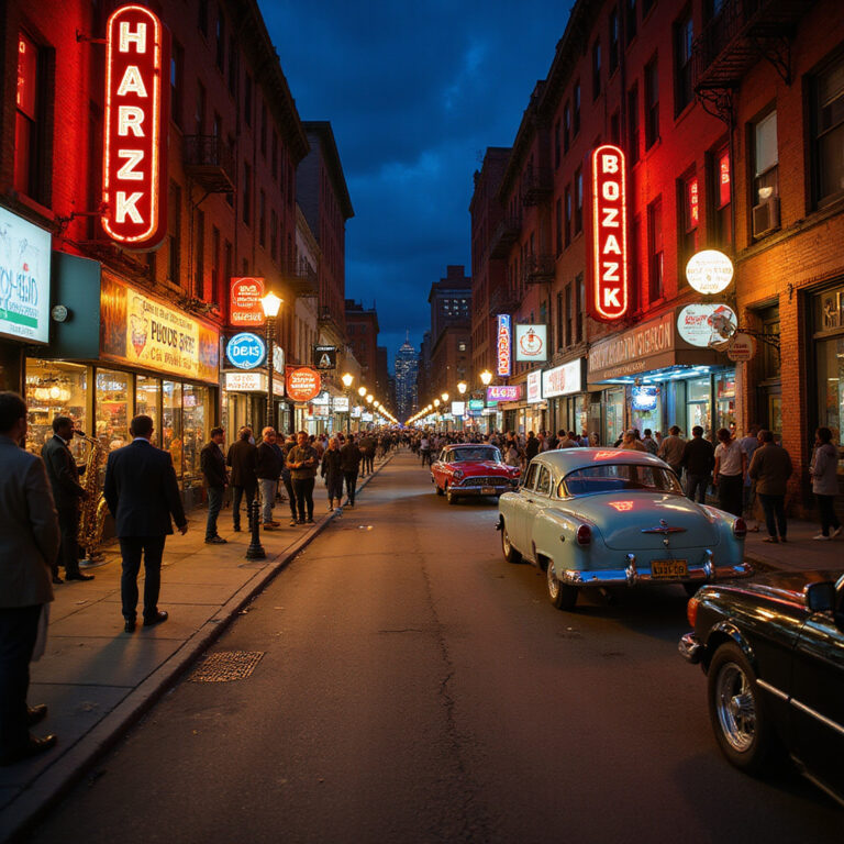 Ulica w Harlemie z klubami jazzowymi, tętniąca życiem i muzyką