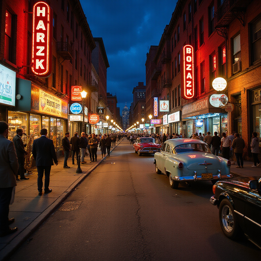 Ulica w Harlemie z klubami jazzowymi, tętniąca życiem i muzyką