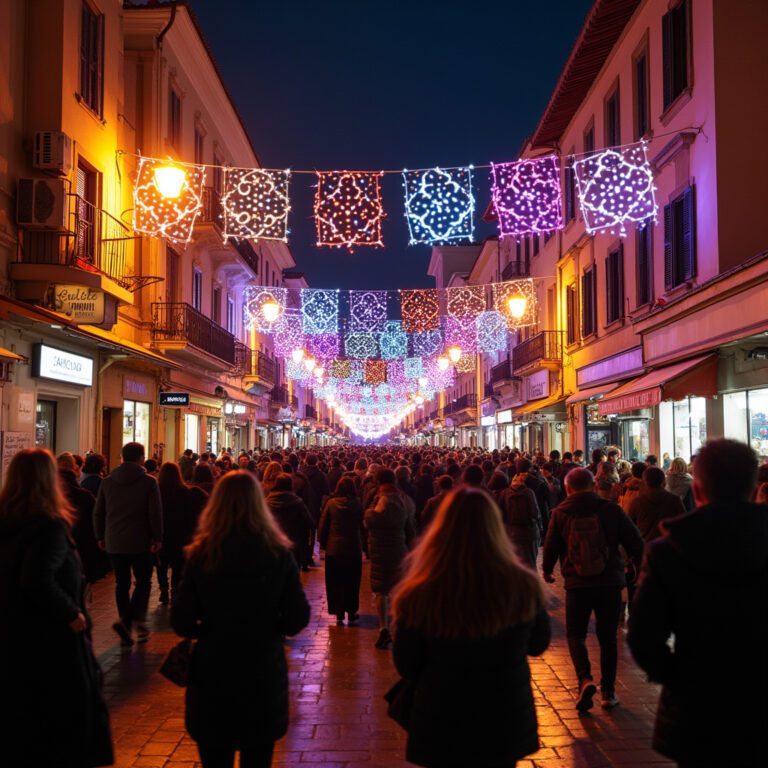 Ulica w Patras podczas karnawału, w tle kolorowe dekoracje i tłum ludzi