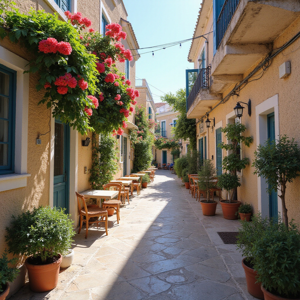 Urokliwa uliczka na greckiej wyspie z lokalnymi kawiarniami i kwiatami