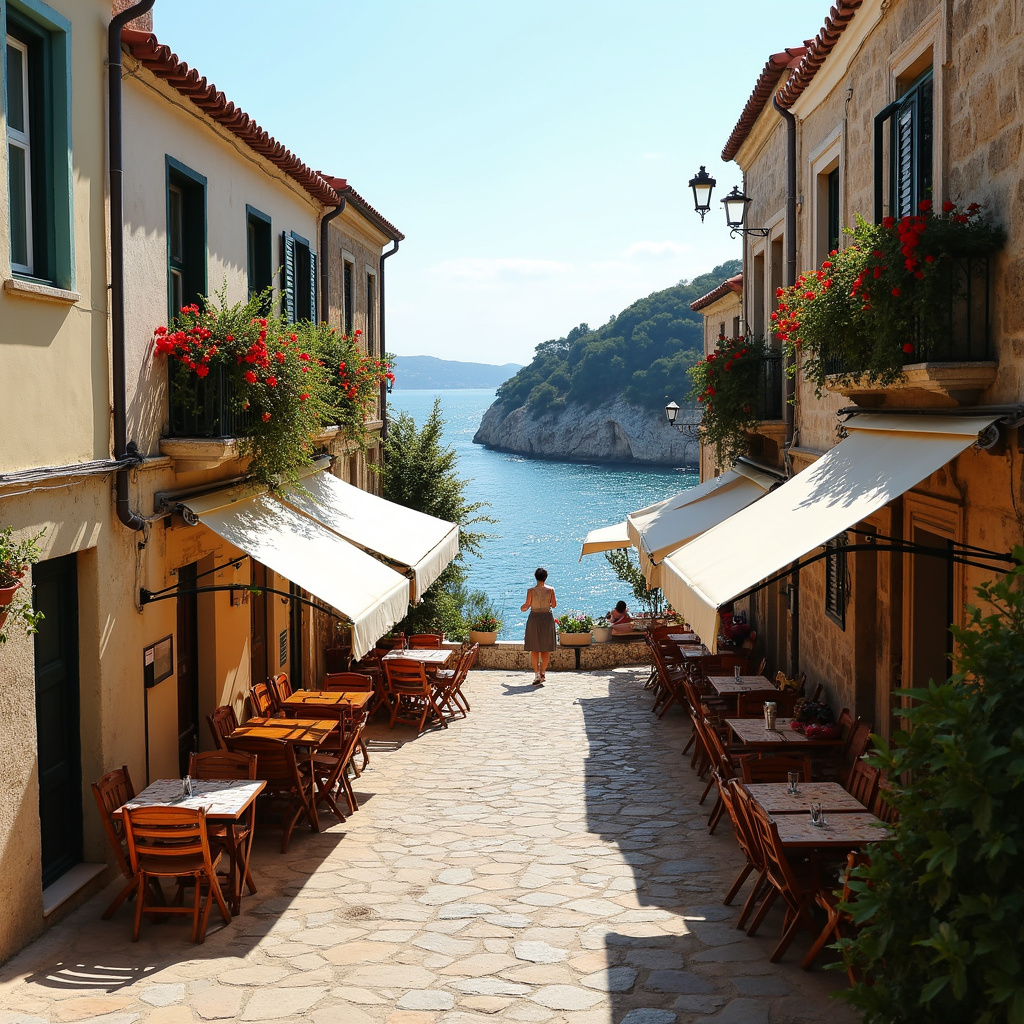 Ulica w mieście Hvar z widokiem na lokalne restauracje i morze