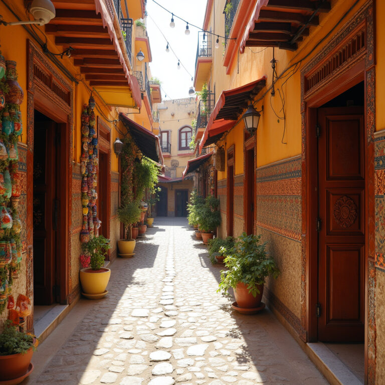 Uliczka w tunezyjskiej medynie z kolorowymi straganami i tradycyjnymi drzwiami