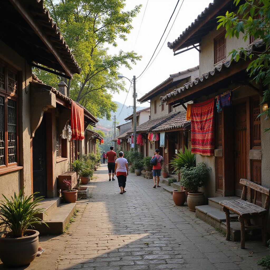 Uliczka w wiosce Sapa z tradycyjnymi domami i lokalnymi mieszkańcami