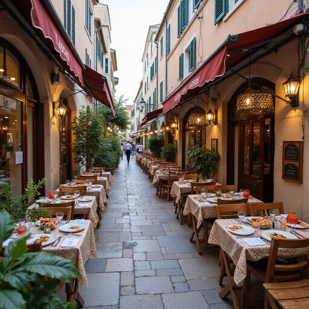 Uliczka w Hvarze z lokalnymi restauracjami i świeżymi owocami morza