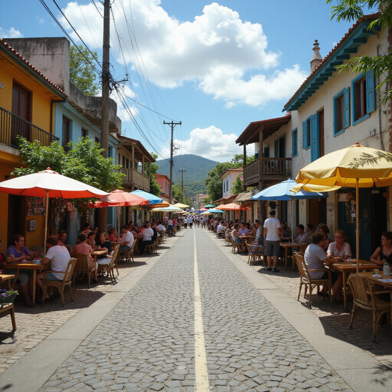 Ulica w Las Terrenas z lokalnymi restauracjami i kolorowymi straganami