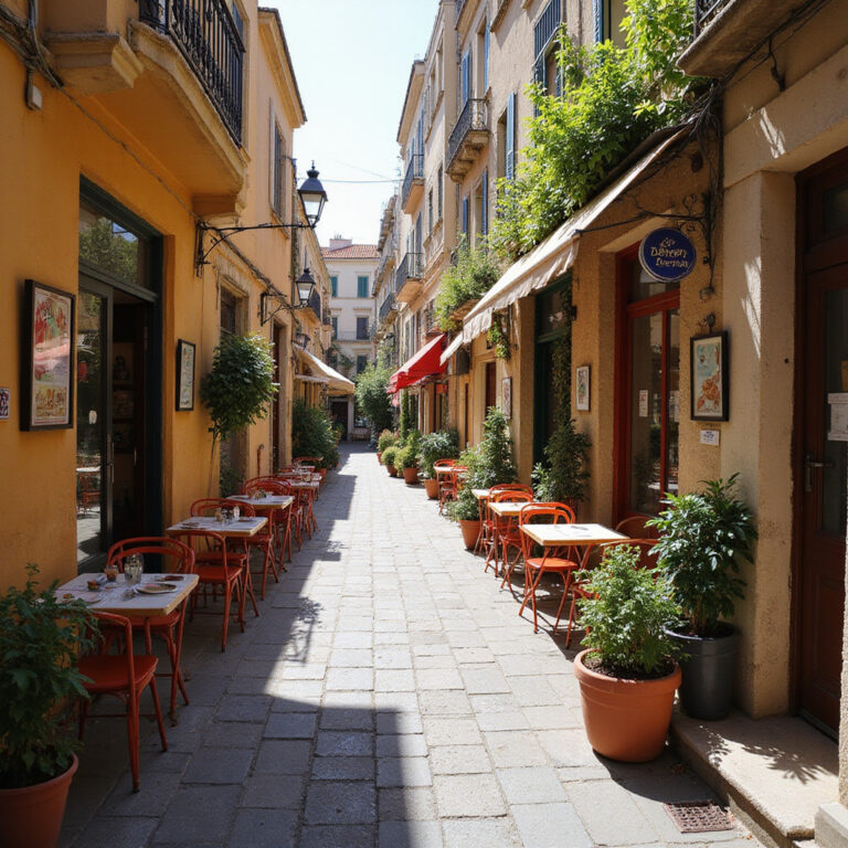 Uliczka w Marsylii z restauracjami serwującymi lokalne przysmaki