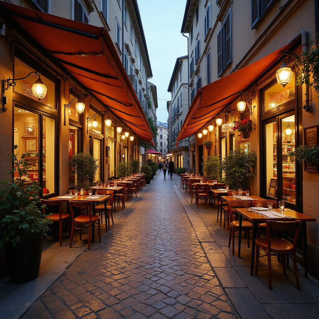 Uliczka w Turynie z restauracjami serwującymi tradycyjne dania Piemontu