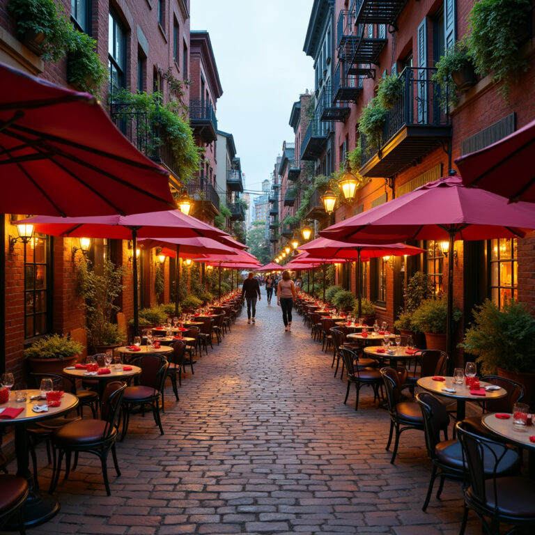 Ulica w North End z włoskimi restauracjami i brukowaną nawierzchnią