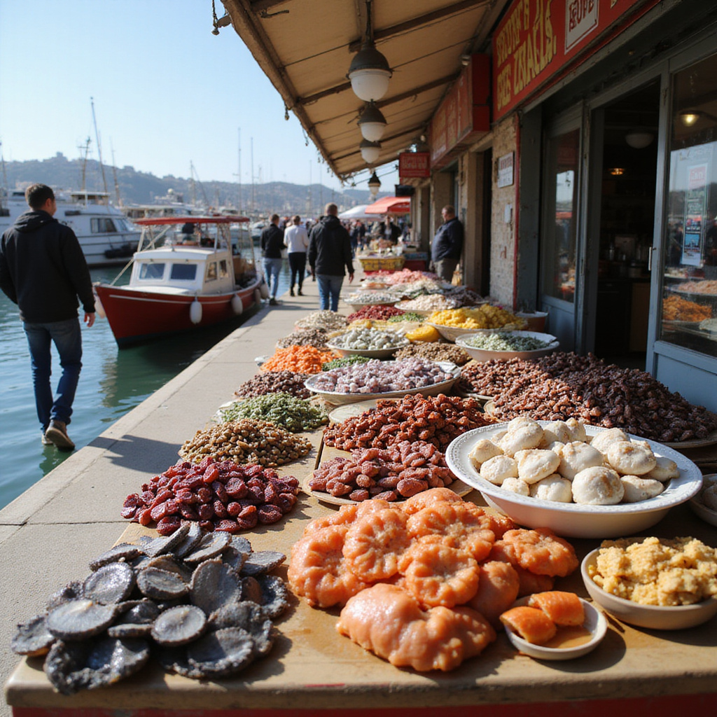 Uliczne stragany z owocami morza w porcie Pireus