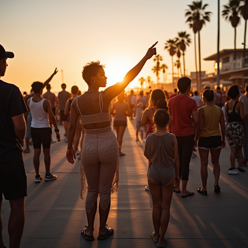 Tłum na Boardwalk w Venice Beach podziwiający występy ulicznych artystów