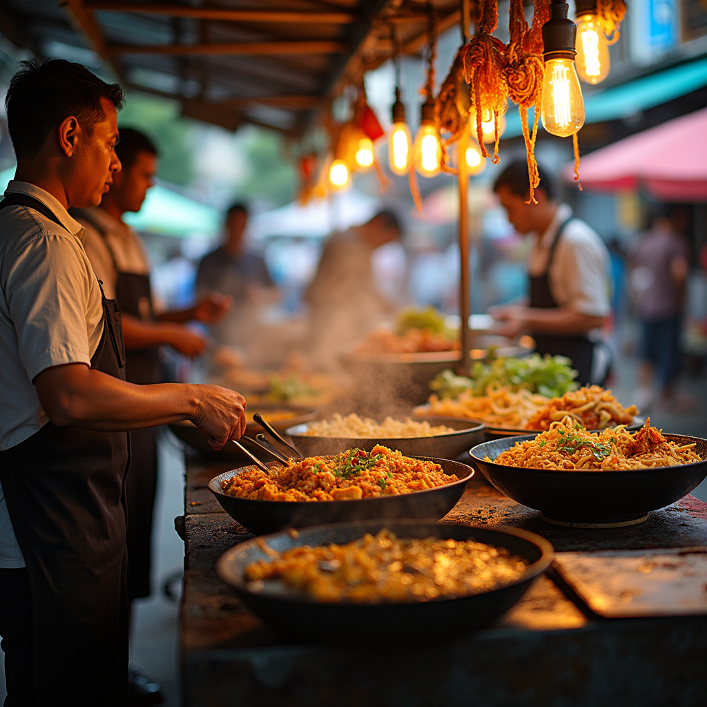 Uliczny stragan z tajskim street foodem, gdzie serwowane są świeże dania takie jak Pad Thai i curry