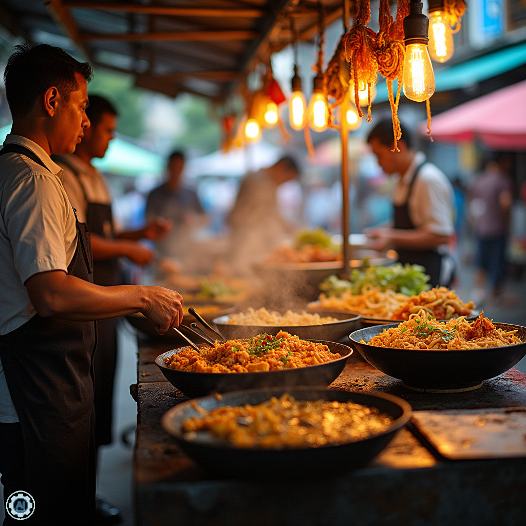 Uliczny stragan z tajskim street foodem, gdzie serwowane są świeże dania takie jak Pad Thai i curry