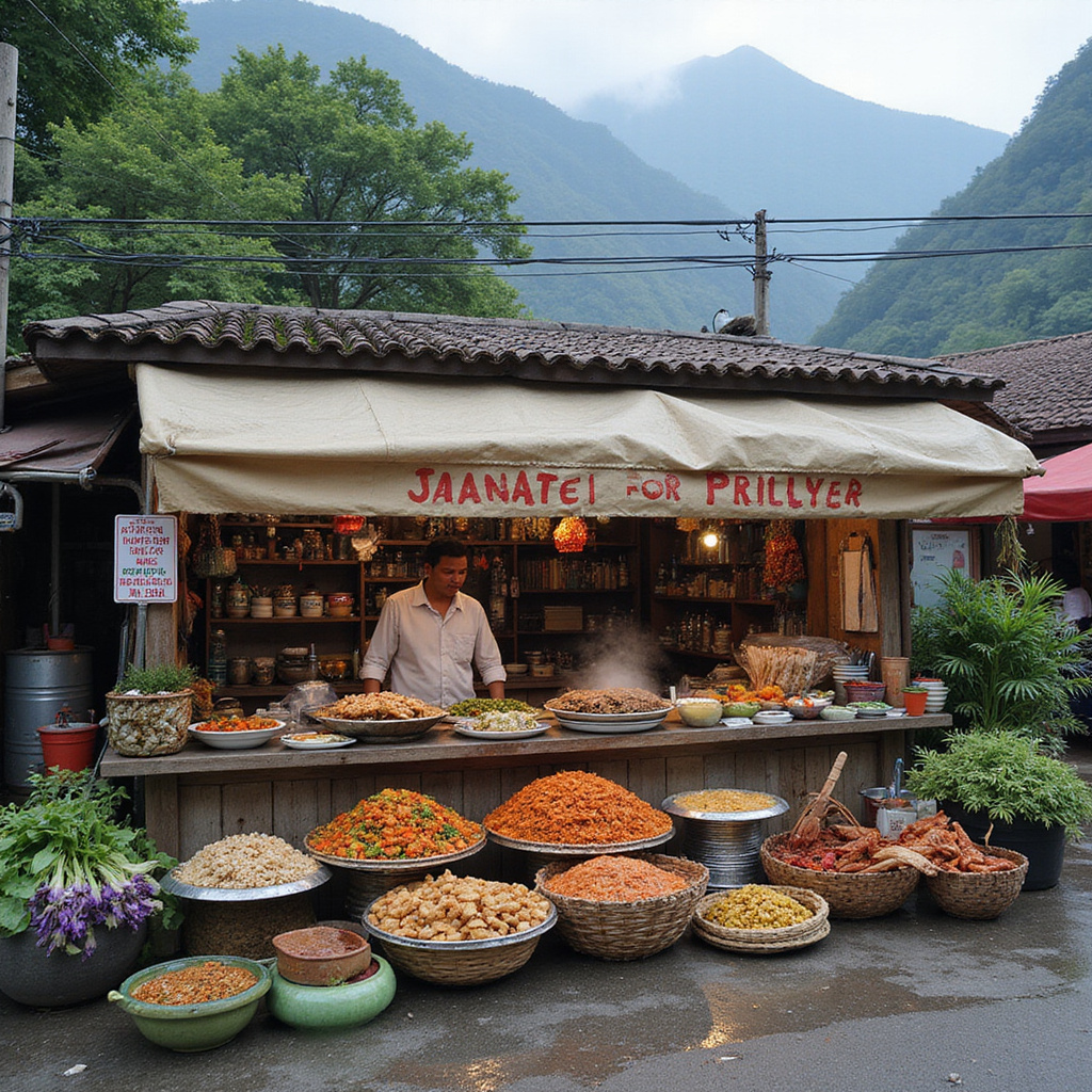 Uliczny stragan z tradycyjnym jedzeniem Baguio, otoczony górami Cordillera