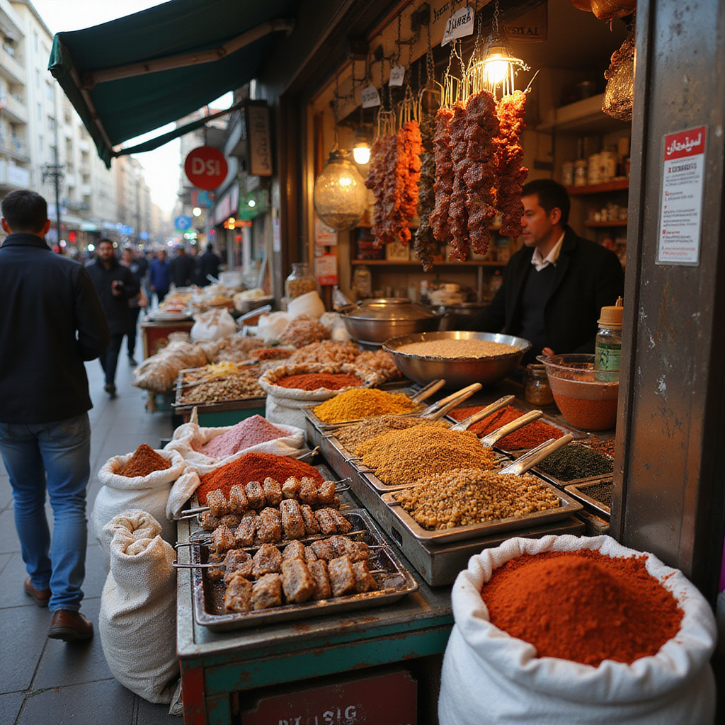 Uliczny stragan z kebabem i przyprawami w centrum Ankary, tureckie jedzenie