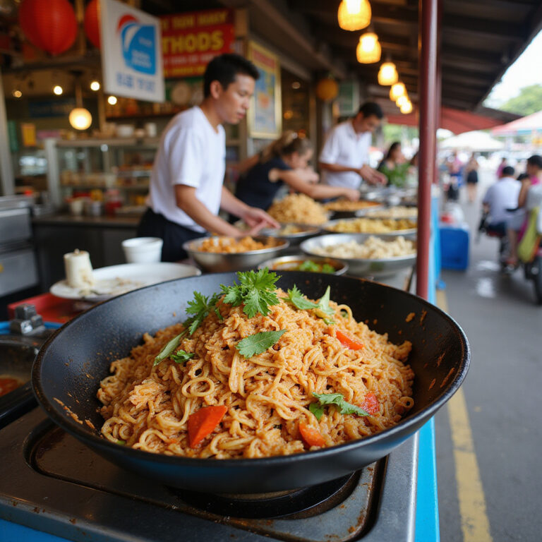 Uliczny stragan z pad thai na targu w Phuket, gdzie można spróbować autentycznej kuchni tajskiej