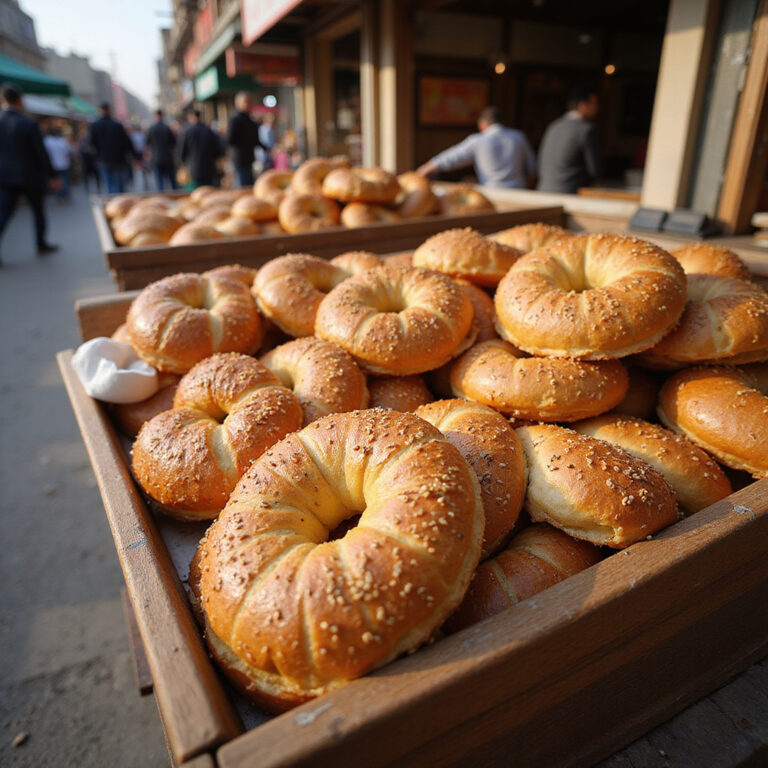 Uliczny stragan z simitem w Ankarze, tureckie pieczywo i sezam