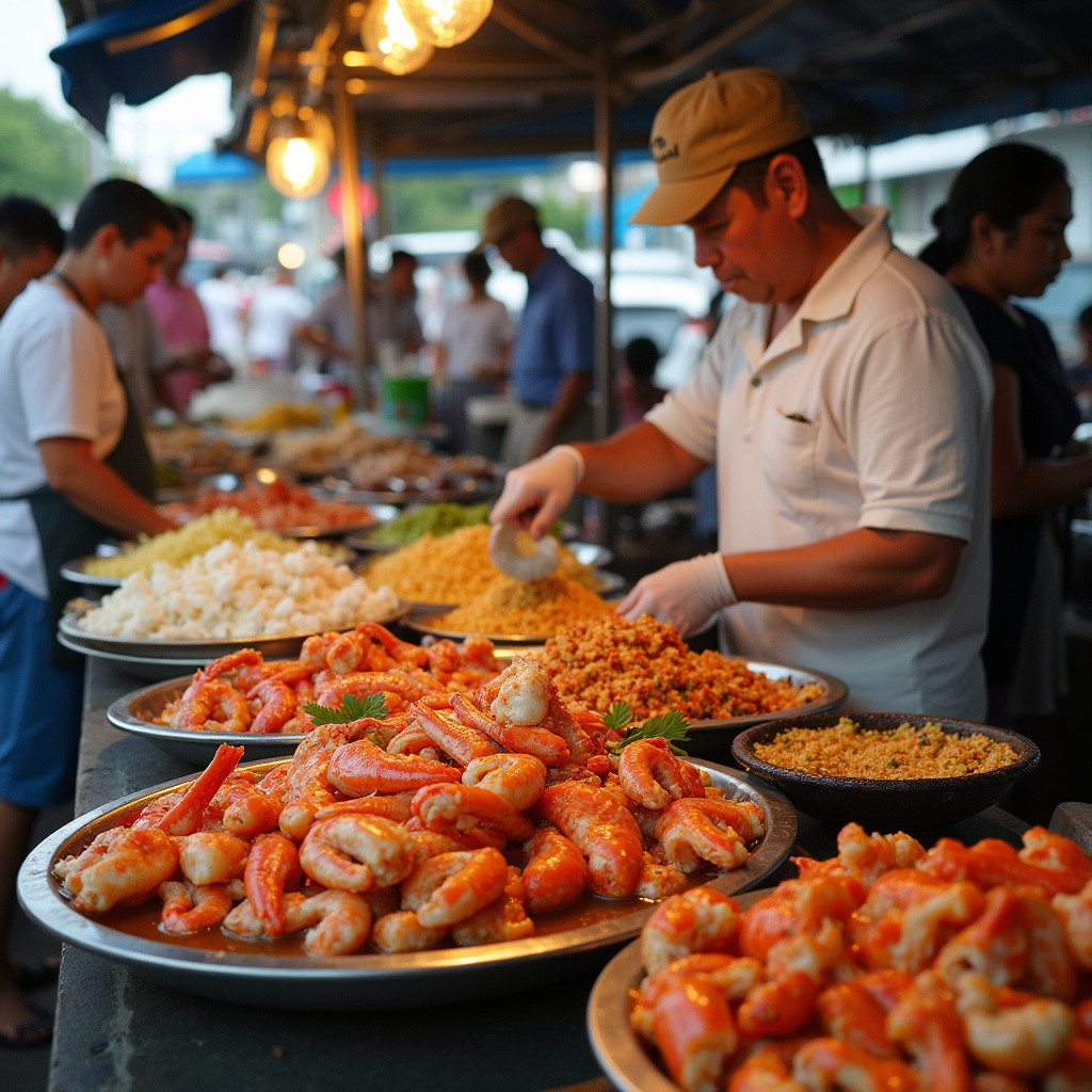 Uliczny stragan z tajskim jedzeniem na Phuket, świeże owoce morza i aromatyczne przyprawy