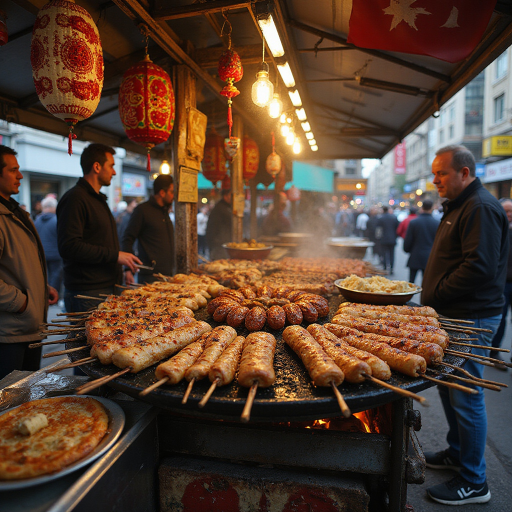 Uliczny stragan z tureckim jedzeniem w Stambule, serwujący świeże kebaby i pide