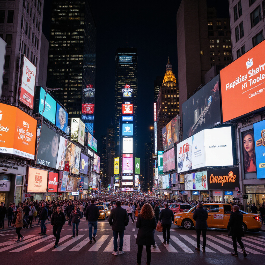 Wall Street nocą z oświetlonymi drapaczami chmur i tętniącym życiem